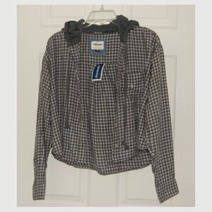 NWT American Eagle Flannel-Hooded Button-Down Distressed Gingham Shirt